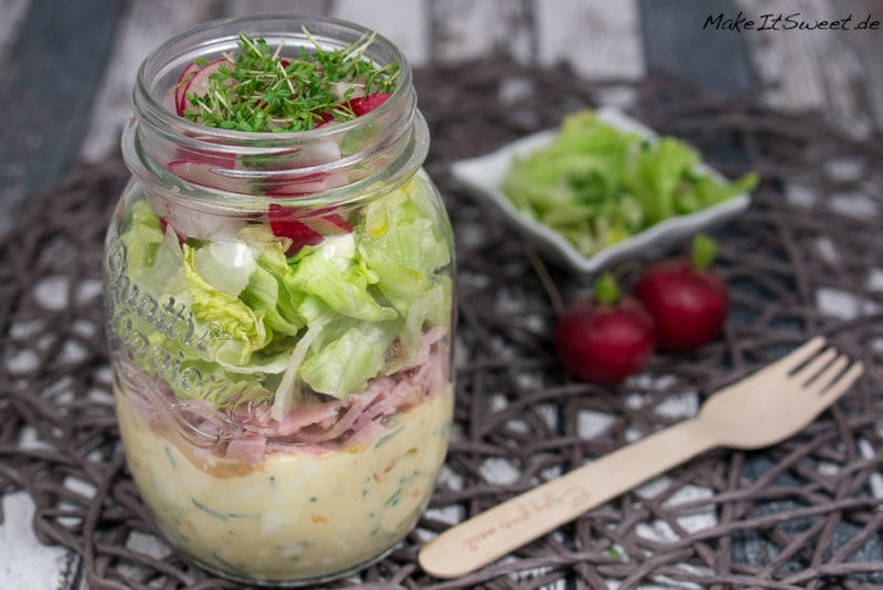 Salat im Glas - Erfahrungen, Rezepte, Infos und Tipps 3 Schinkensalat Eiersalat Radieschensalat im Glas Rezept einfach Anleitung