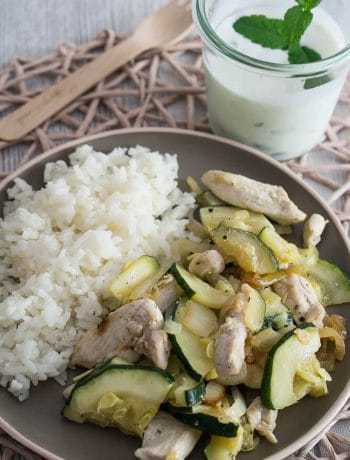 Zucchini-Hähnchen-Pfanne mit Reis und Minze-Joghurt - Zucchini Haehnchen Reispfanne Rezept mit Minz Joghurt vorbereiten mealprep einfach